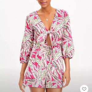 LOFT Beach Palm Tie-Front Linen Romper XS NWT Resort Cruise Vacation Summer